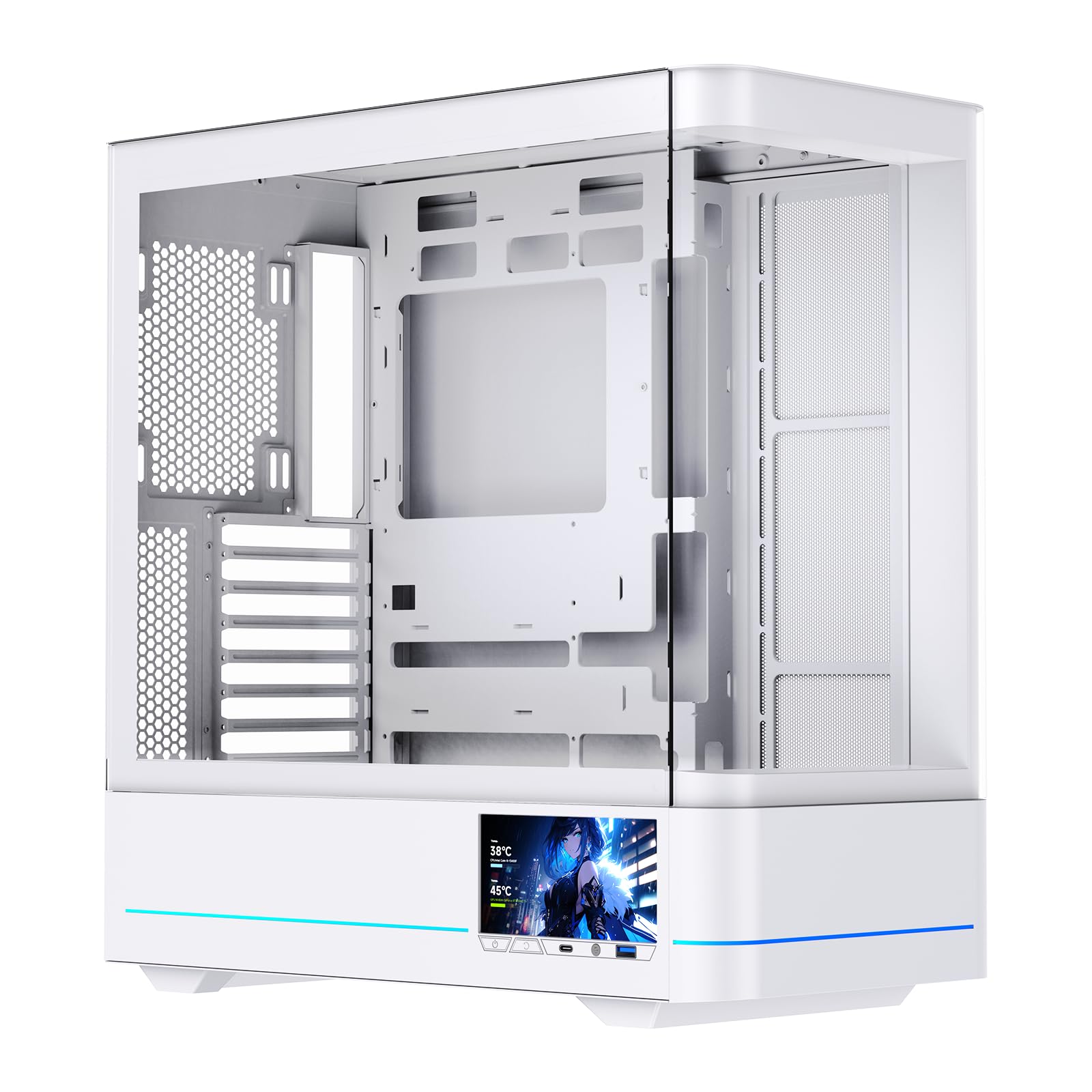 TZMRIT AC-02 PC obudowa z wyświetlaczem LCD 5,5 cala, obudowa komputera ATX z panoramicznym podwójnym szkłem (biała)