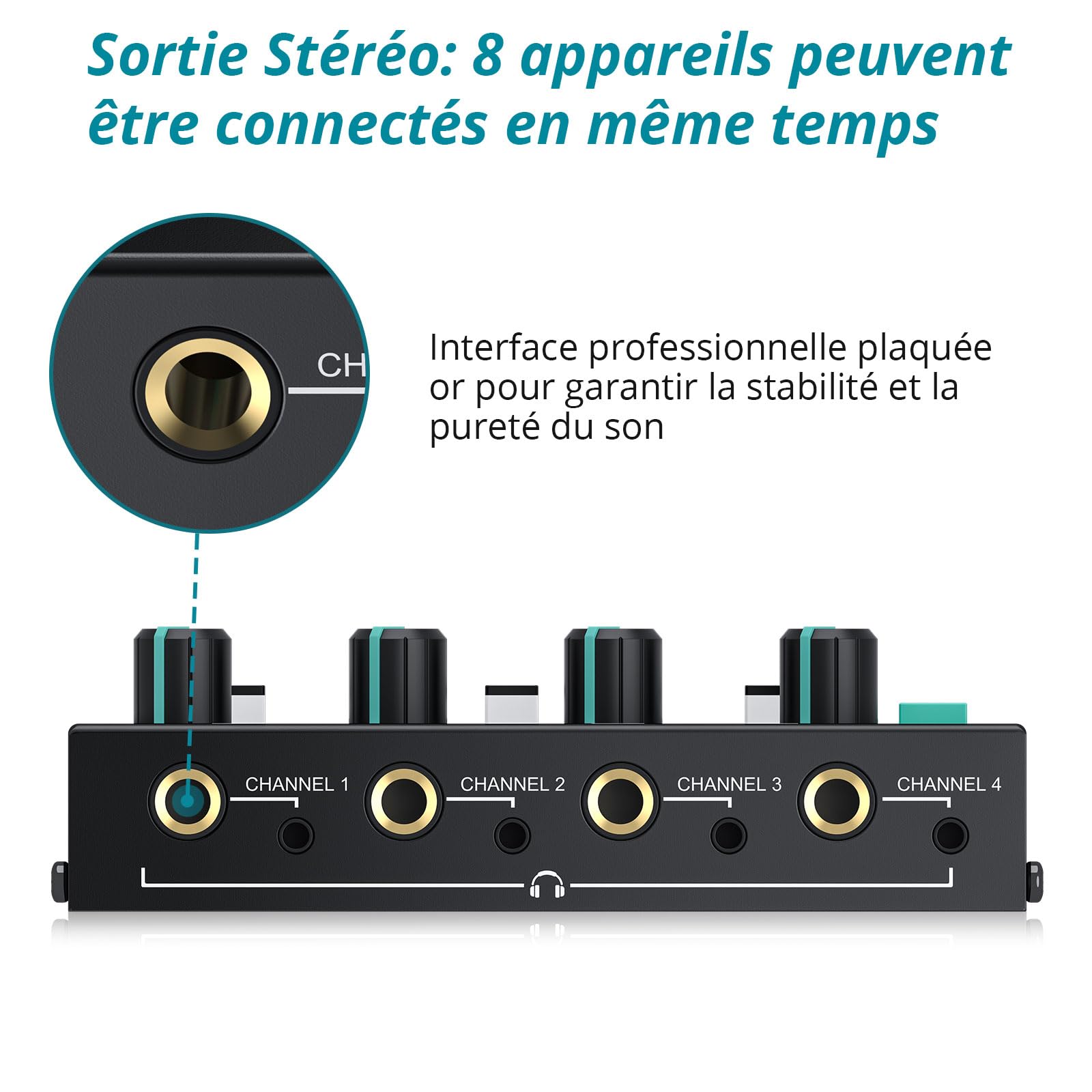 Amplificateur de Casque, Mono/Stéréo 4 Canaux Amplificateur Audio Professionnel, Séparateur de Casque Volume Indépendantes TRS 3,5 mm / 6,35 mm pour Scène Clavier de Guitare Basse