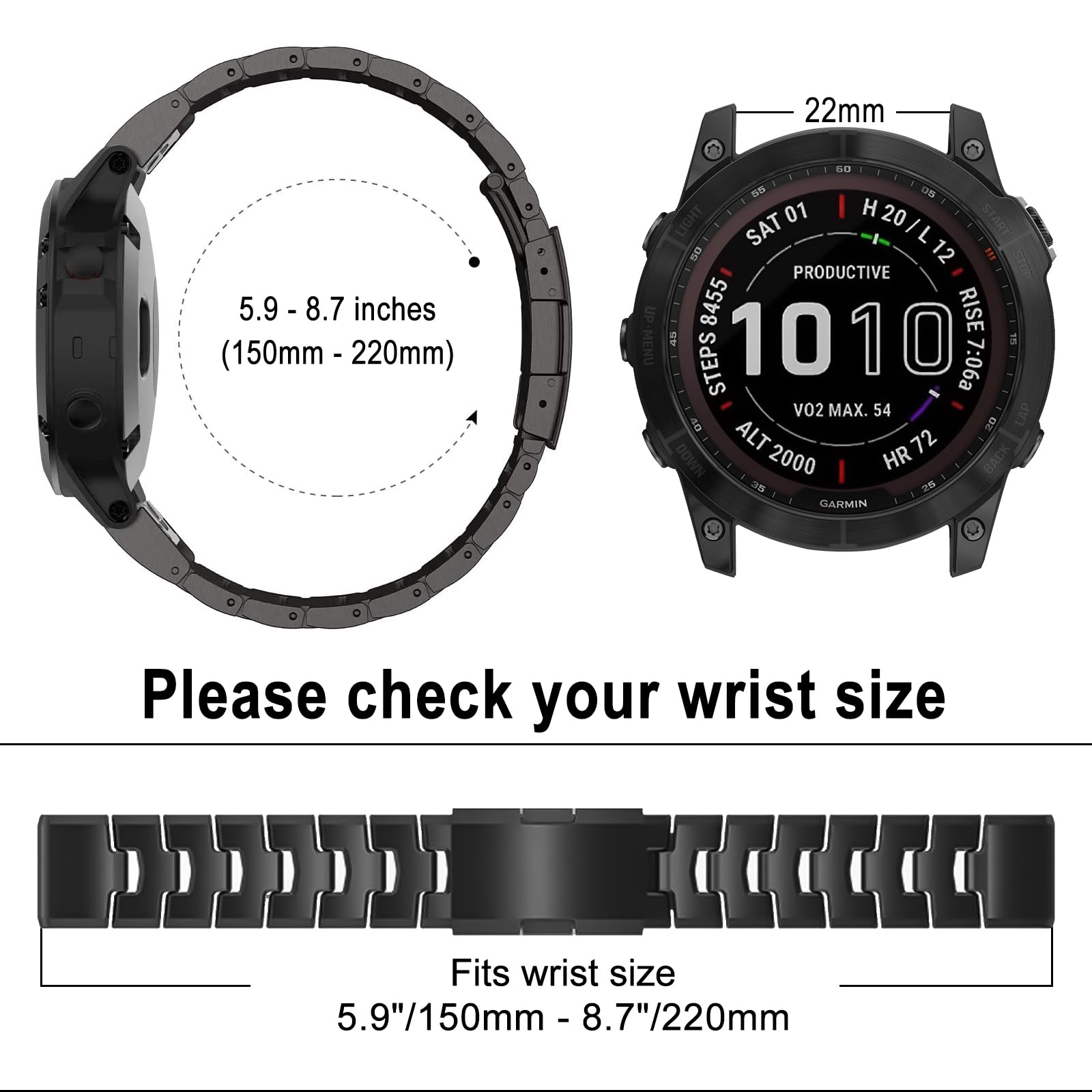 QuickFit 22mm Armband für Garmin Fenix 7/6/5/Fenix 7 Pro Solar/7 Pro/7 Solar/6 Pro Solar/6 Pro/6 Solar/5 Plus, Titanlegierung Metall Uhrenarmband für Garmin Epix/Epix (Gen 2) 47mm, Schwarz