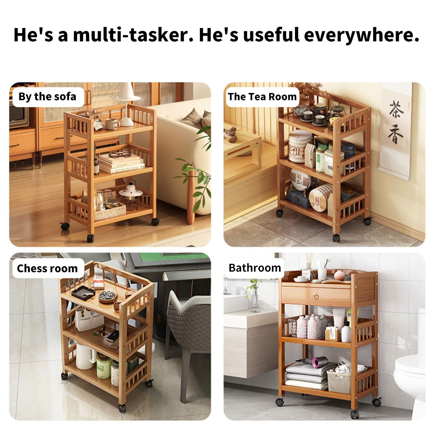 Carro de servir con ruedas, carrito de cocina de madera, 3 estantes, carrito móvil multiusos para cocina, baño, pasillo y balcón, carrito auxiliar para ahorrar espacio