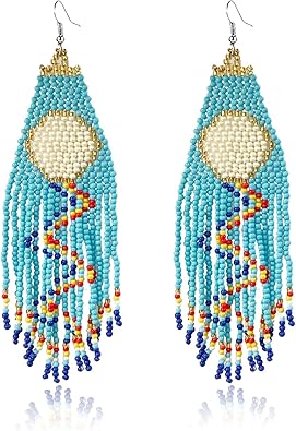 Long Beaded Tassel Earrings Classic Fringe Drop Earrings Bohemian Handmade Seed Bead Tribal Dangle Earrings