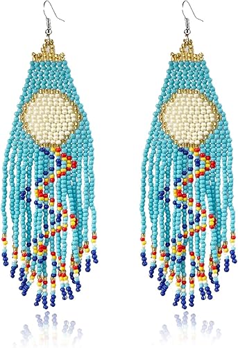 Long Beaded Tassel Earrings Classic Fringe Drop Earrings Bohemian Handmade Seed Bead Tribal Dangle Earrings