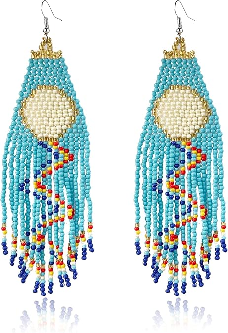 Long Beaded Tassel Earrings Classic Fringe Drop Earrings Bohemian Handmade Seed Bead Tribal Dangle Earrings