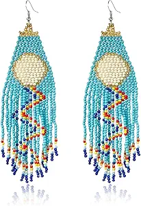Long Beaded Tassel Earrings Classic Fringe Drop Earrings Bohemian Handmade Seed Bead Tribal Dangle Earrings