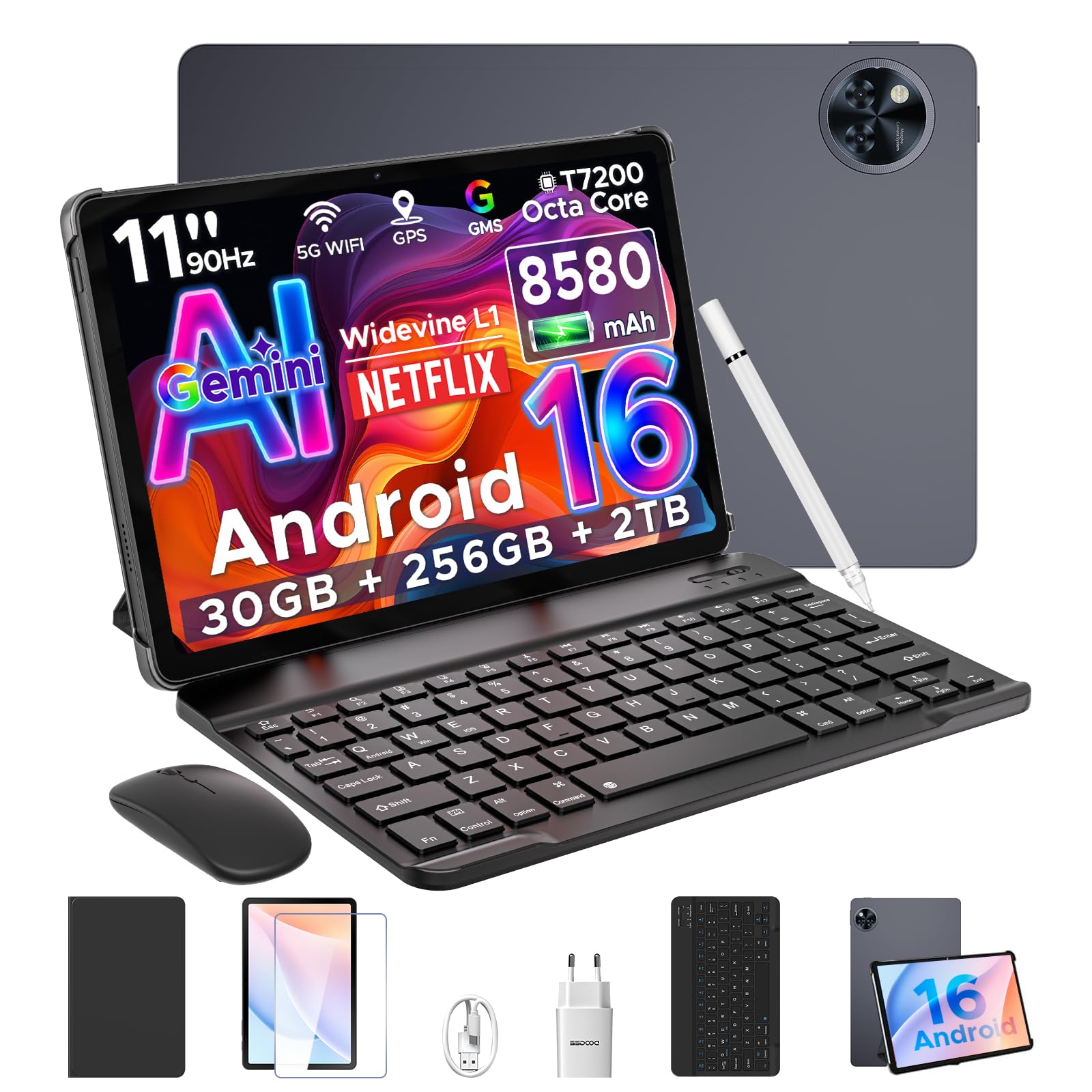 U11 PRO Android 16 Tablet 11 Pollici, 30GB+256GB/2TB Tablet con Tastiera, 8580mAh, T7200 Octa Core, Gemini AI Tablets con Pennae & Mouse & Case, 90Hz 1080P, 13MP+5MP, Widevine L1/WIFI 5 /Face ID/OTG