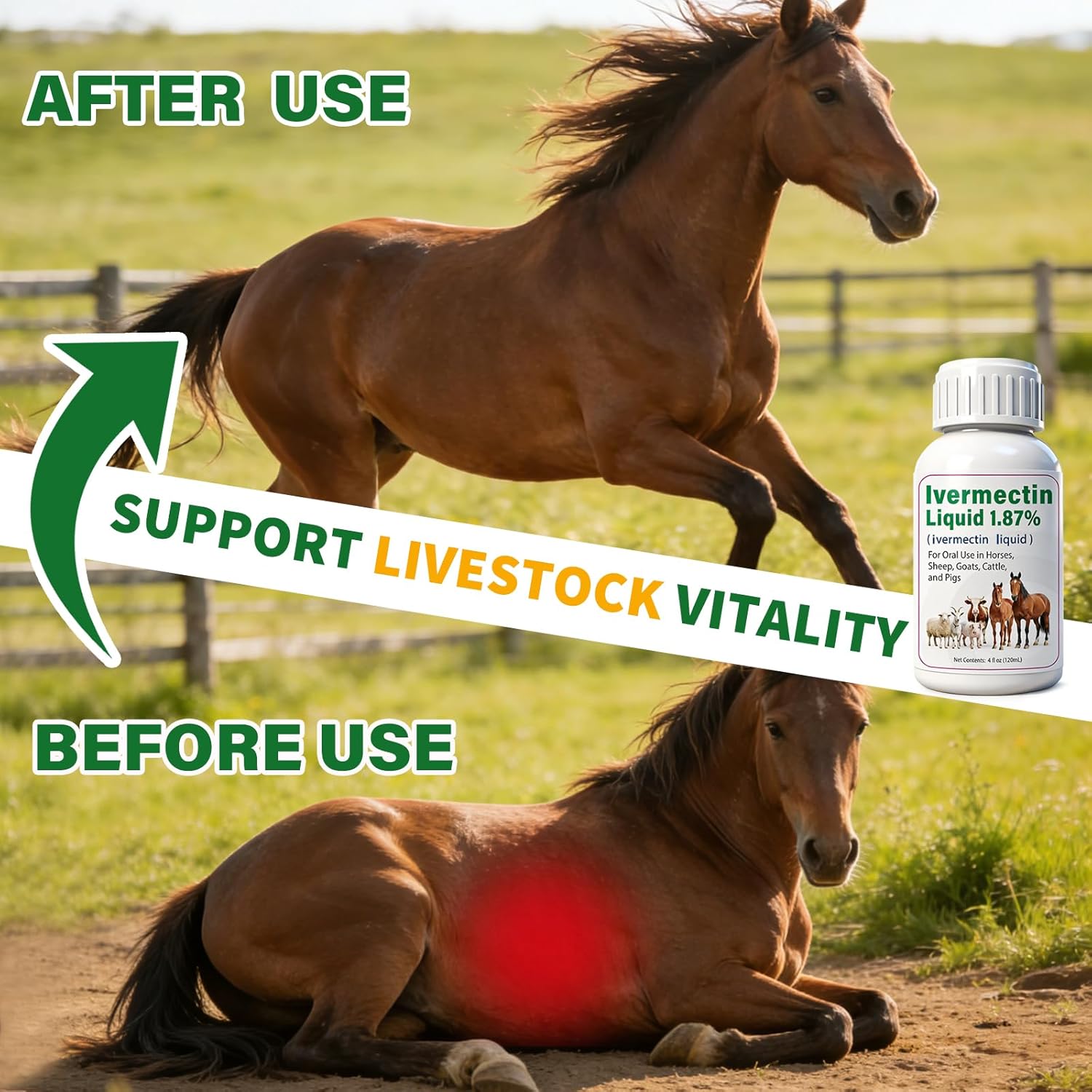 Ivermectin 1.87% Liquid for Horse & Livestock, All-Worm Formula for Tapeworms, Roundworms & Hookworms