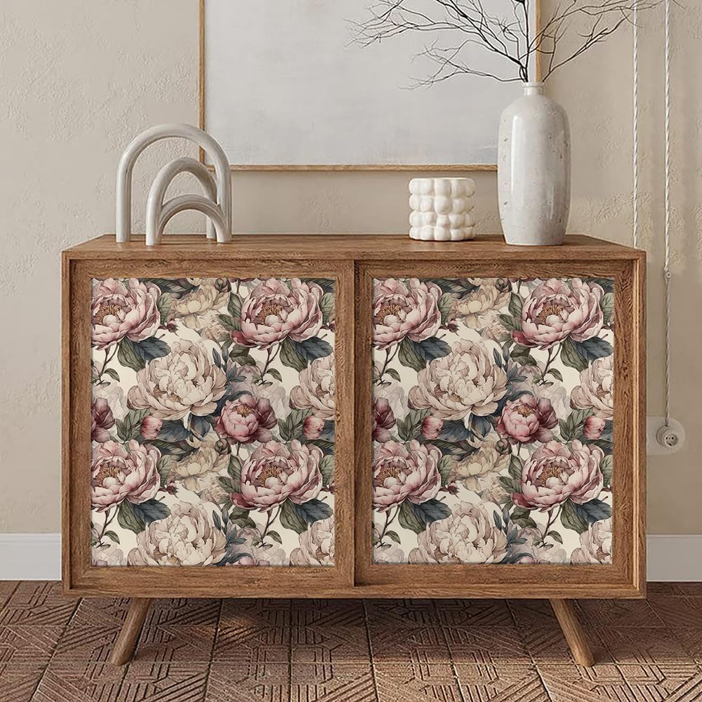 HEISIG 18"x236" Boho Vintage Large White Peony Peel and Stick Wallpaper Easy Peel Off Contact Paper Vintage Vinyl Self Adhesive Removable Stick on Wall Paper for Kitchen Cabinet Renter Friendly