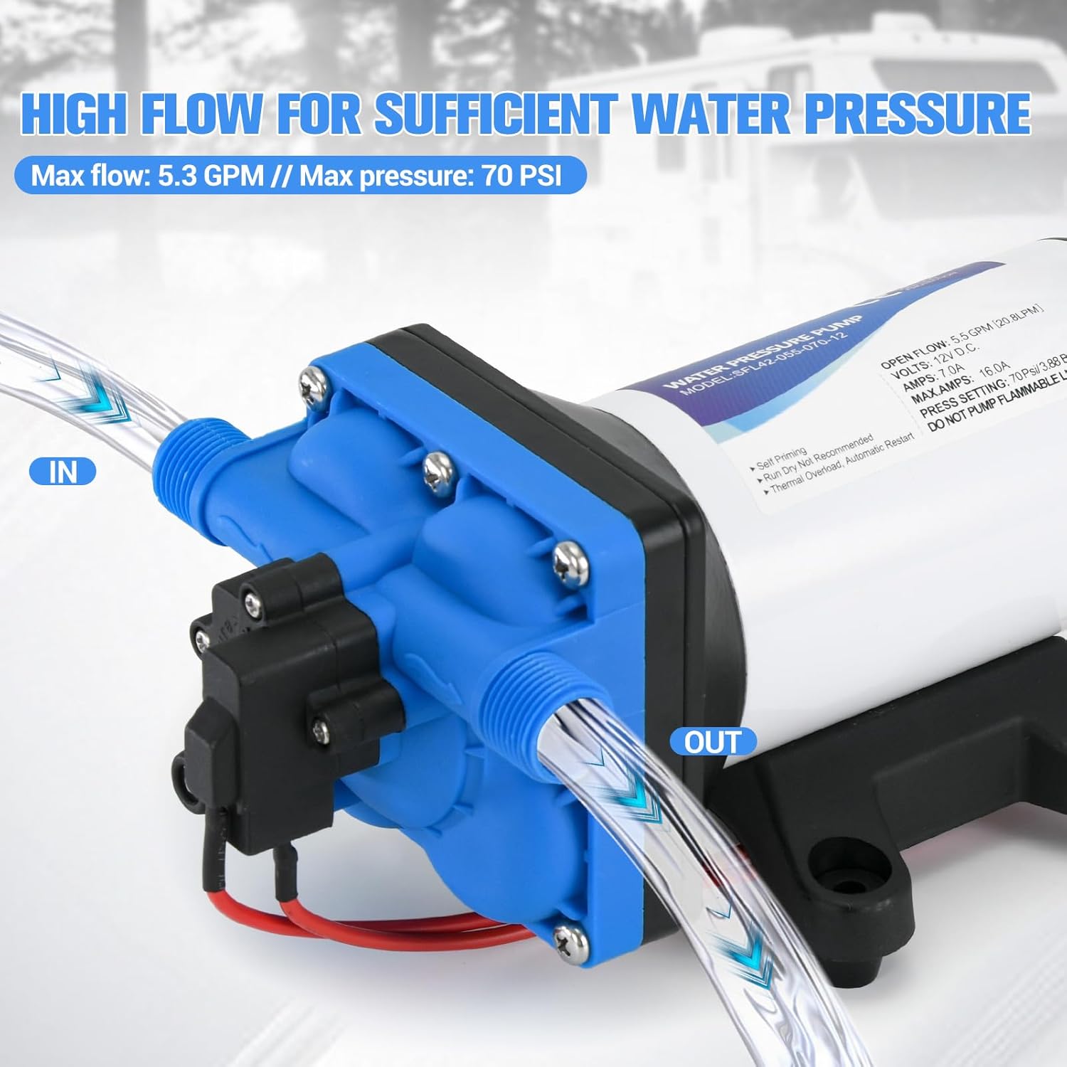 5059-1310-D011 5.3 GPM Automatic Demand 12VDC Diaphragm Pump with 60 PSI Built-In Pressure Switch Viton valves Self-Priming & 1/2" NPTF Port