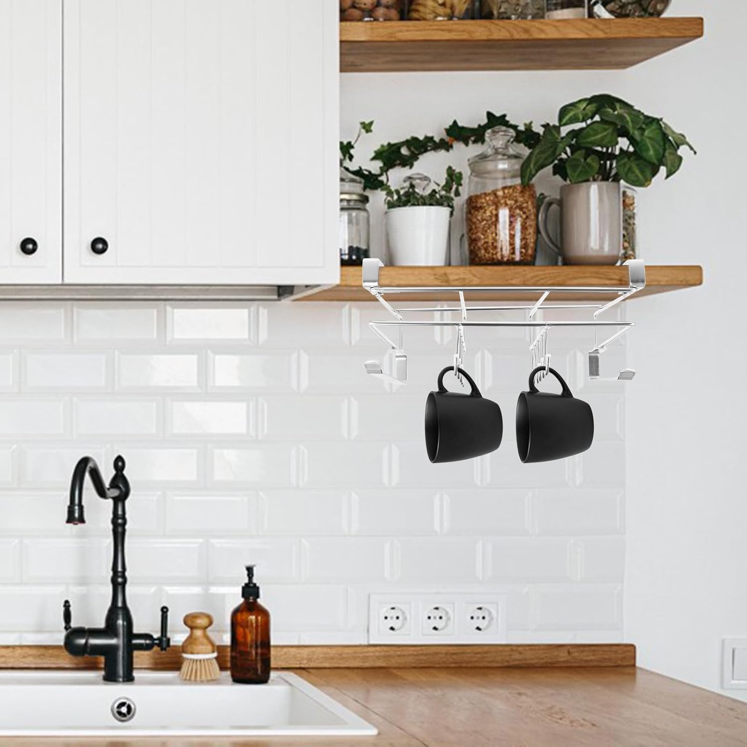 Cabinet No-drill Kitchen Storage Rack with Hooks, 25cm Black Cutting Board and Pot Lid Holder for Cabinet Organization