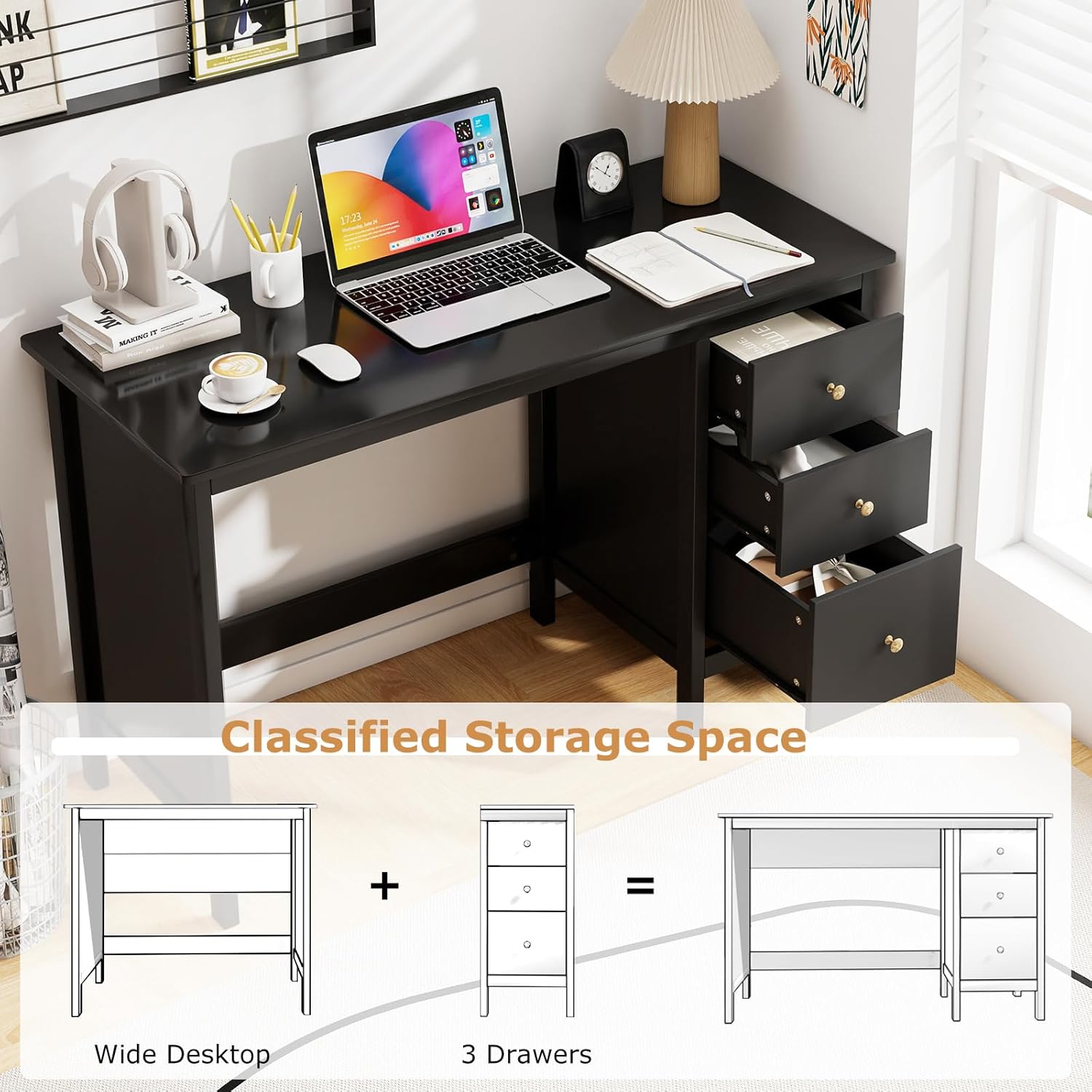 Image showing the spacious desktop and three drawers for classified storage space.