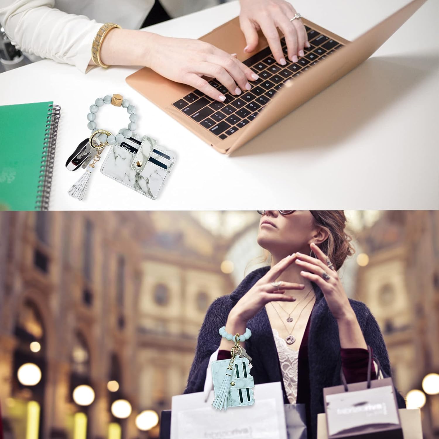 Keychain Wallet Wristlet Small Credit Card Holder Bracelet Key Chain Purse Bangle Tassel Beads Key Rings for Women - Image 5