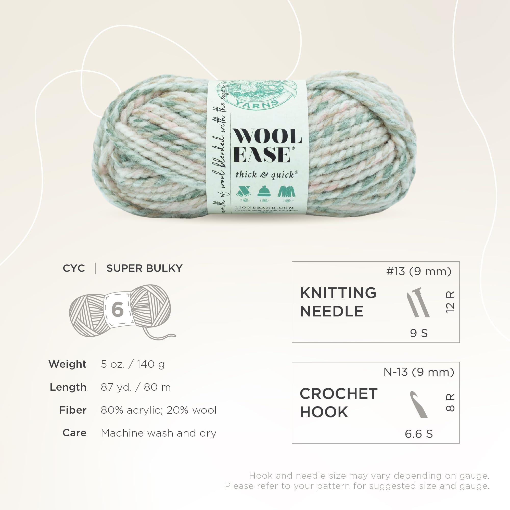 Lion Brand Yarn Wool-Ease Thick and Quick Yarn, Soft and Bulky Yarn for Knitting, Crocheting, and Crafting, 1 Pack, Seashell