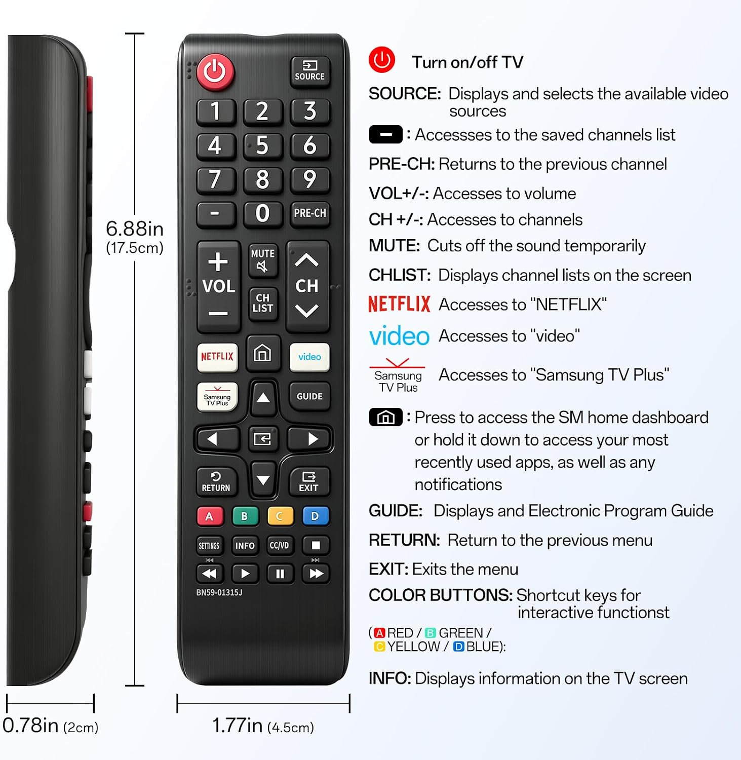 Replacement for Samsung TV Remote, Compatible with All Samsung Smart TVs | No Programming Required, No Setup Needed, Up to 42ft Control Range, 0.1s Instant Response