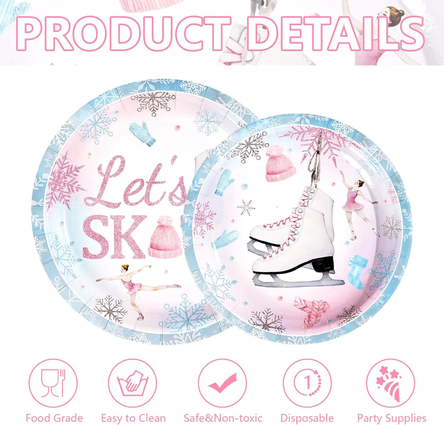100 Pcs Ice Skating Paper Plates 9" & 7" Let's Roll Skate Plates Pink Blue Roller Skate Dessert Plate Disposable Winter Wonderland Party Supplies for Kids Birthday Baby Shower Party Table Decorations