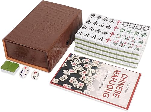 Miniatura 1 de GUSTARIA Mini juego de mahjong de viaje, juego chino de mahjong con 146 azulejos verdes (0.9 pulgadas), una funda de transporte marrón, portátil y