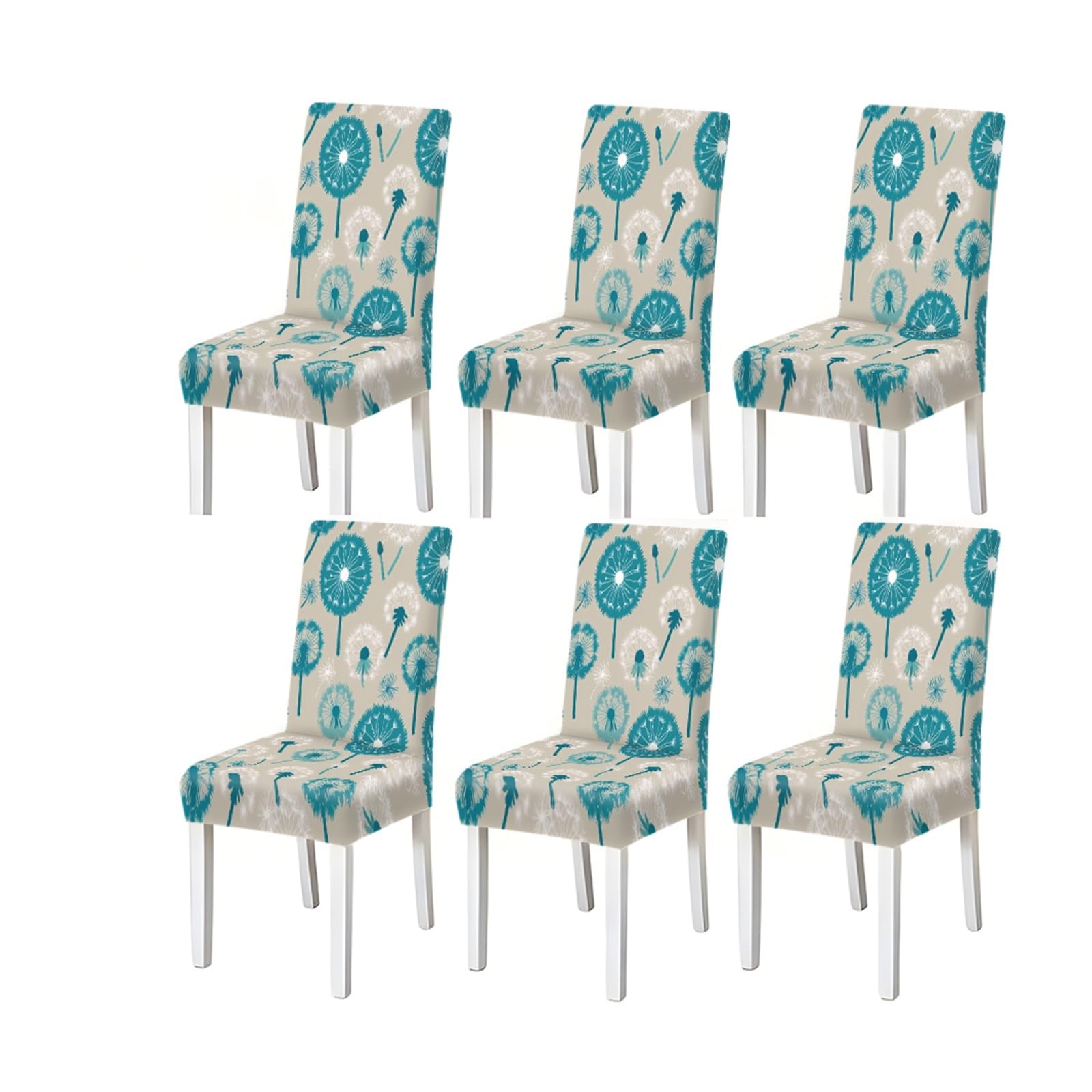 FZJKGH Teal White Dandelion Floral Pattern Print Dining Chair Covers Set Of 2/4/6, Stretch Slipcovers For Kitchen Dining Room Removable Stretch Slipcovers for Dining Chairs(6PCSChair cover)