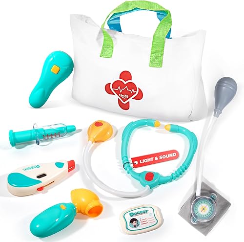 Kit médico para niños pequeños de 3 a 5 años Kit médico de juego de simulación preescolar con estetoscopio, manguito de presión arterial y bolsa de