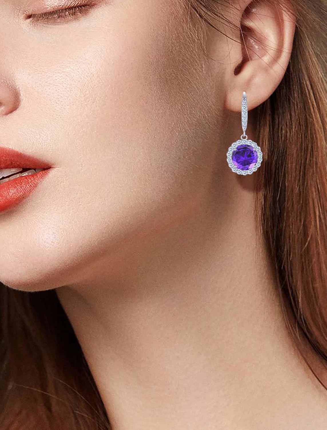 Round Halo Dangle Earrings for Women Sterling Silver Leverback Drop Earrings Birthstone Jewelry