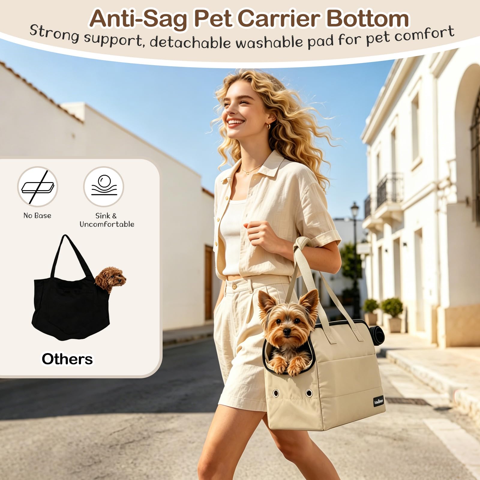 Bolso Transportín para Perros Pequeños, 15" X 11" X 7,9" Transportín De Viaje para Mascotas con Ganchos De Seguridad, Almohadilla De Apoyo Y Múltiples Bolsillos, Transportín Blando para Gatos, Khaki