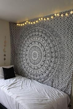 Popular Handicrafts Wall Hanging for Bedroom Hippie Mandala Bohemian Floral Design Indian Magical Thinking Tapestries Dorm Decor 90 x 108 Inches 230cm x 270cm Black & White