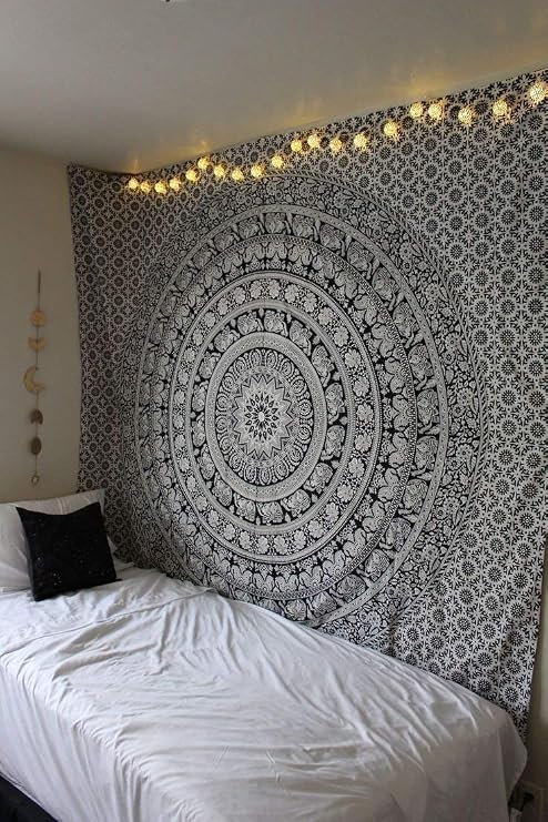 Popular Handicrafts Wall Hanging for Bedroom Hippie Mandala Bohemian Floral Design Indian Magical Thinking Tapestries Dorm Decor 90 x 108 Inches (230cm x 270cm) Black & White
