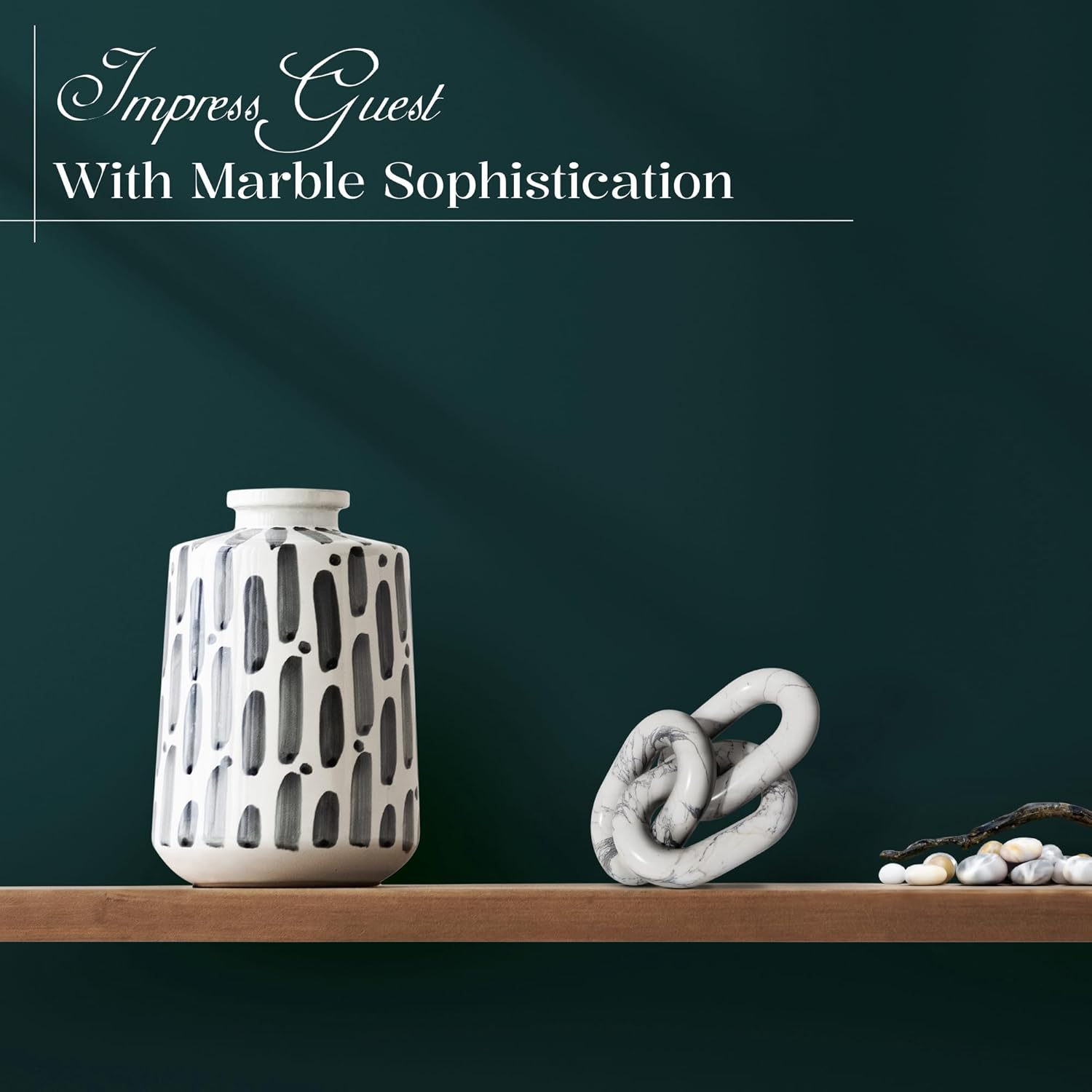 Artisan Hand-Crafted Marble Decor Chain Link, Timeless Decorative Marble Links Home Decor for Living & Outdoor Spaces, Unique Marbling, Smooth Premium Imported Marble 13", Nero Marquina