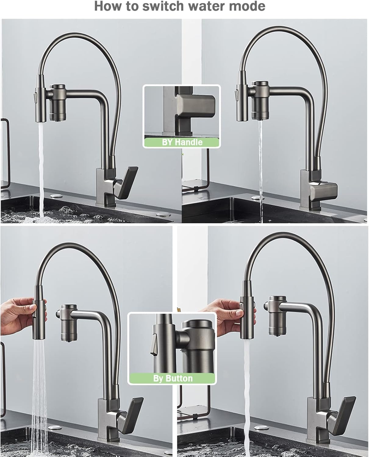 Gun Grey Kitchen Faucet 360° Swivel Brass Drinking Water Faucet Pull Down 2 Modes Sprayer Kitchen Sink Faucet Single Handle Magnetic Return Hot and Cold Kitchen Mixer Tap