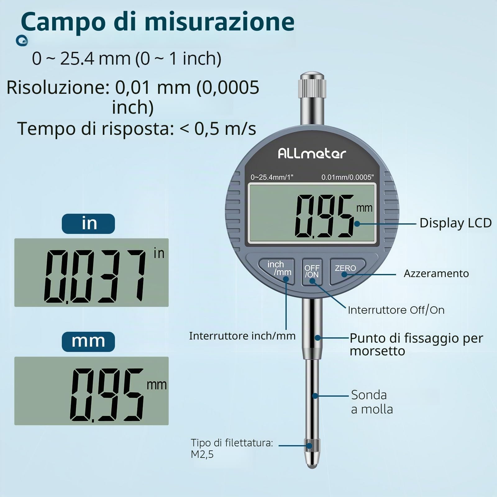 Comparatore Centesimale Digitale 0-25.4mm con Base Magnetica 70KG, LCD 0.01mm/0.0005" Unità Pollici/Metrica + 22 Punte da Test, Braccio Regolabile e Porta Quadrante con Controllo ON/OFF