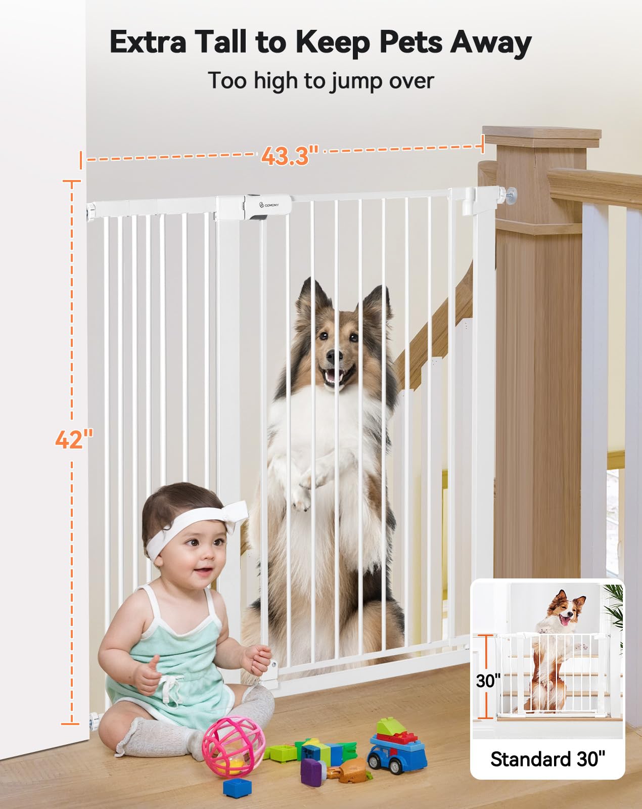 COMOMY Cancelletto per bambini extra alto da 107 cm per scale porte, si adatta a aperture da 75 cm a 110 cm di larghezza, chiusura automatica, robusto cancello di sicurezza per casa, montaggio a