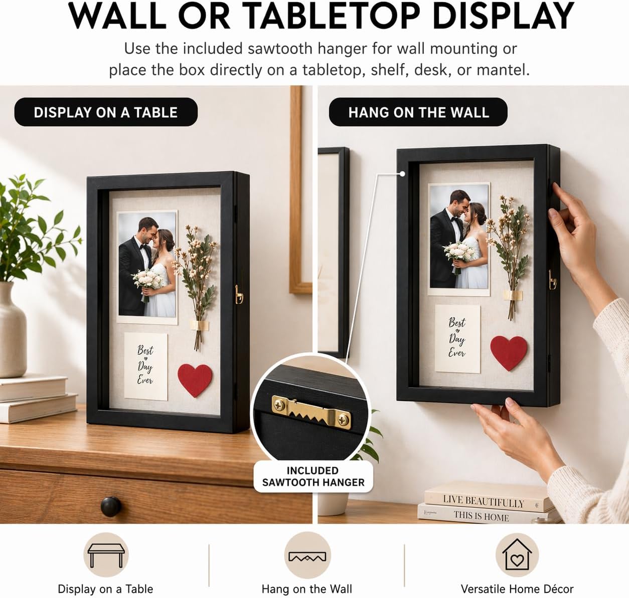 8x10 Shadow Box Frame, Front Opening Deep Display Case for Photos & Medals | Hinged acrylic door for easy updates, 1.5-inch interior for 3D keepsakes, wall/tabletop display.