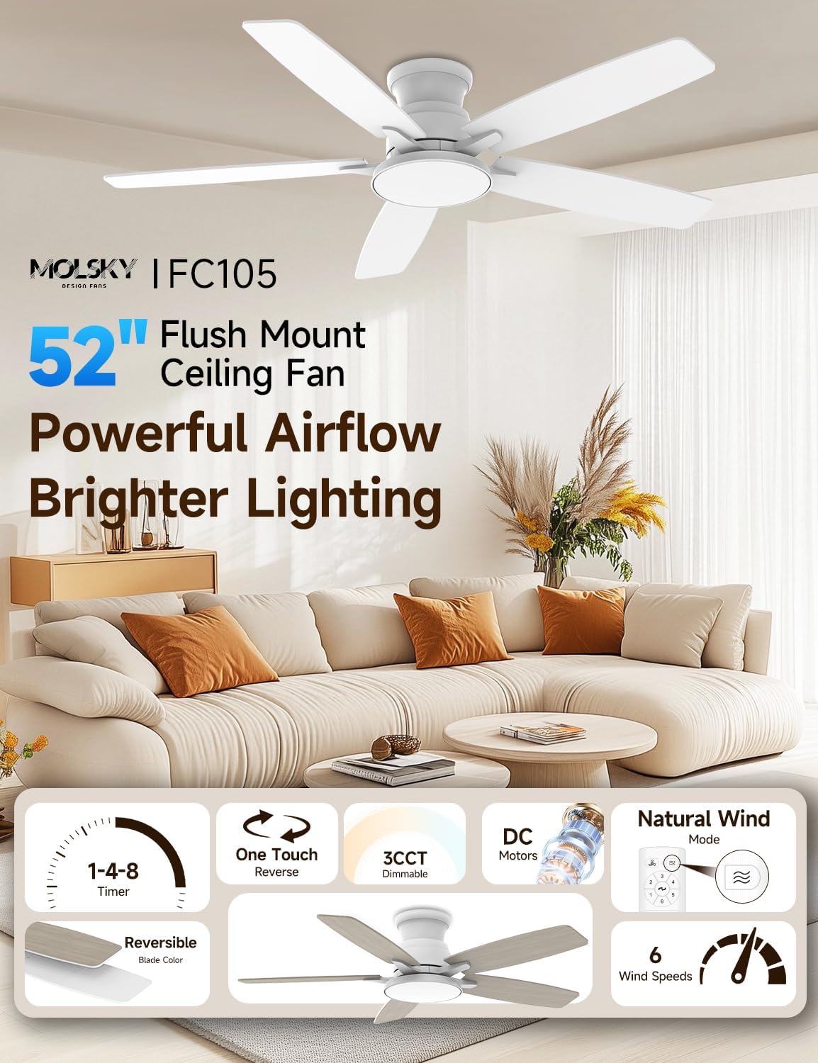 flush mount ceiling fan with light, 52 inch, remote control, 3cct dimmable led, 6-speed silent reversible dc motor, low profile hugger ceiling fan for indoor/outdoor 90-264v 50/60hz fresh white fresh white 52 inches