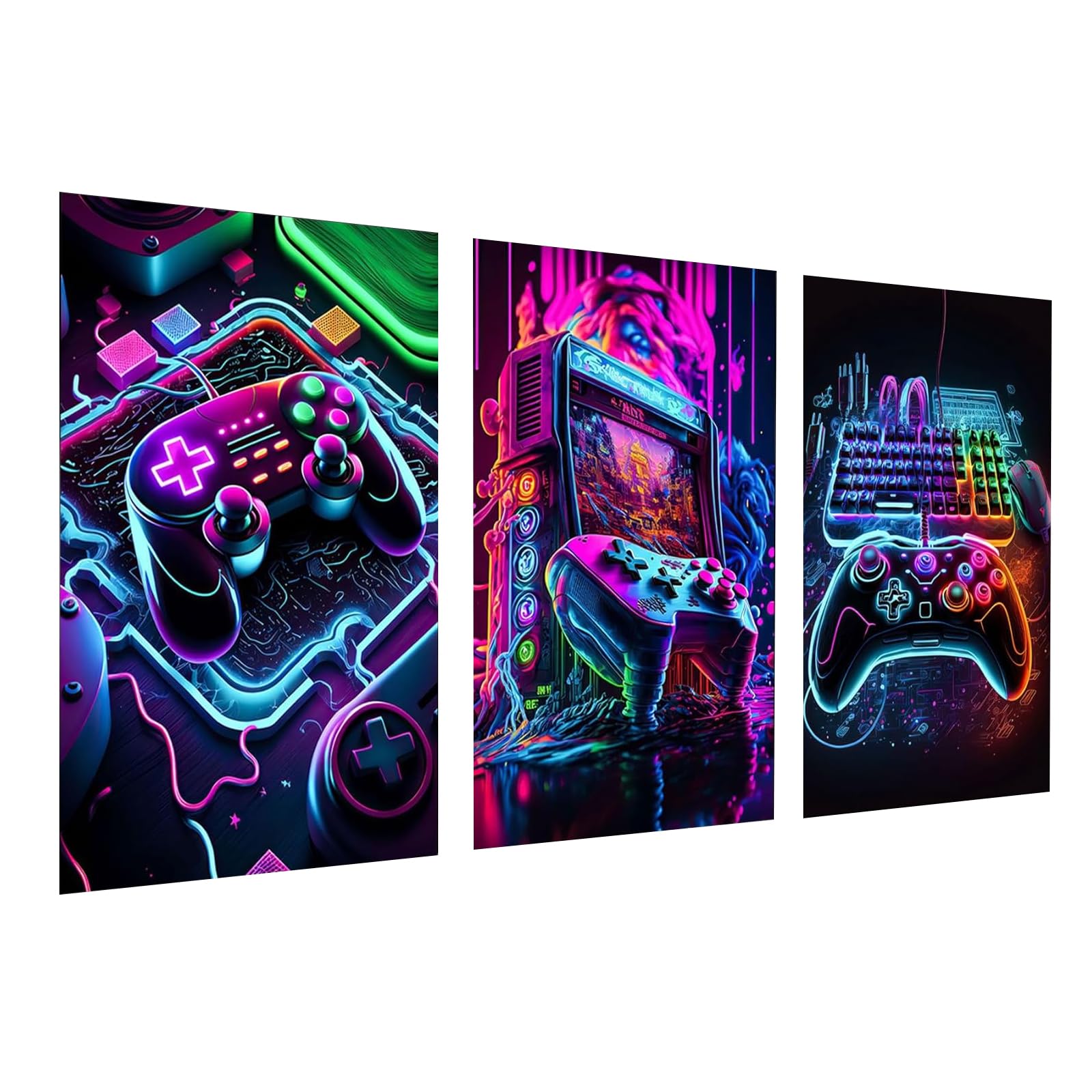 3 Estampes D'art Mural Affiche Manette de Jeu Vidéo Néon Poster Gaming 30x40 cm Sans Cadre