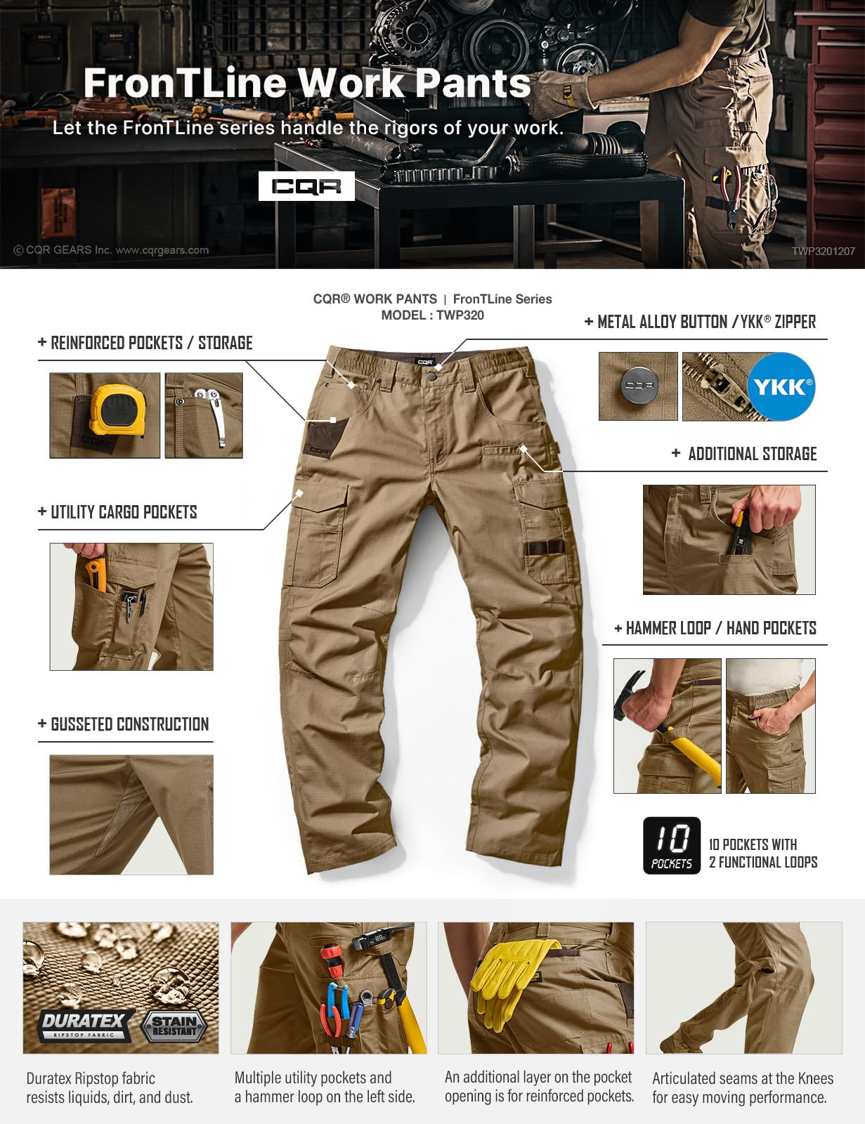 CQR Men's Quick Dry Work Pants, Water Resistant Outdoor Tactical Pants, Lightweight Stretch Cargo Hiking Pants — view 7