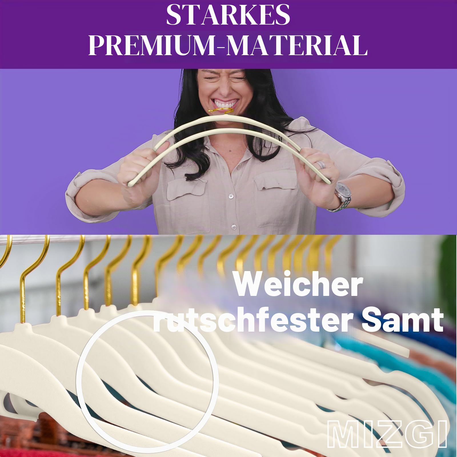 MIZGI Hochwertige Samt-Kleiderbügel, strapazierfähig, rutschfest, schlank, elfenbeinfarben, Goldfarbene Haken, platzsparend, 50 Stück