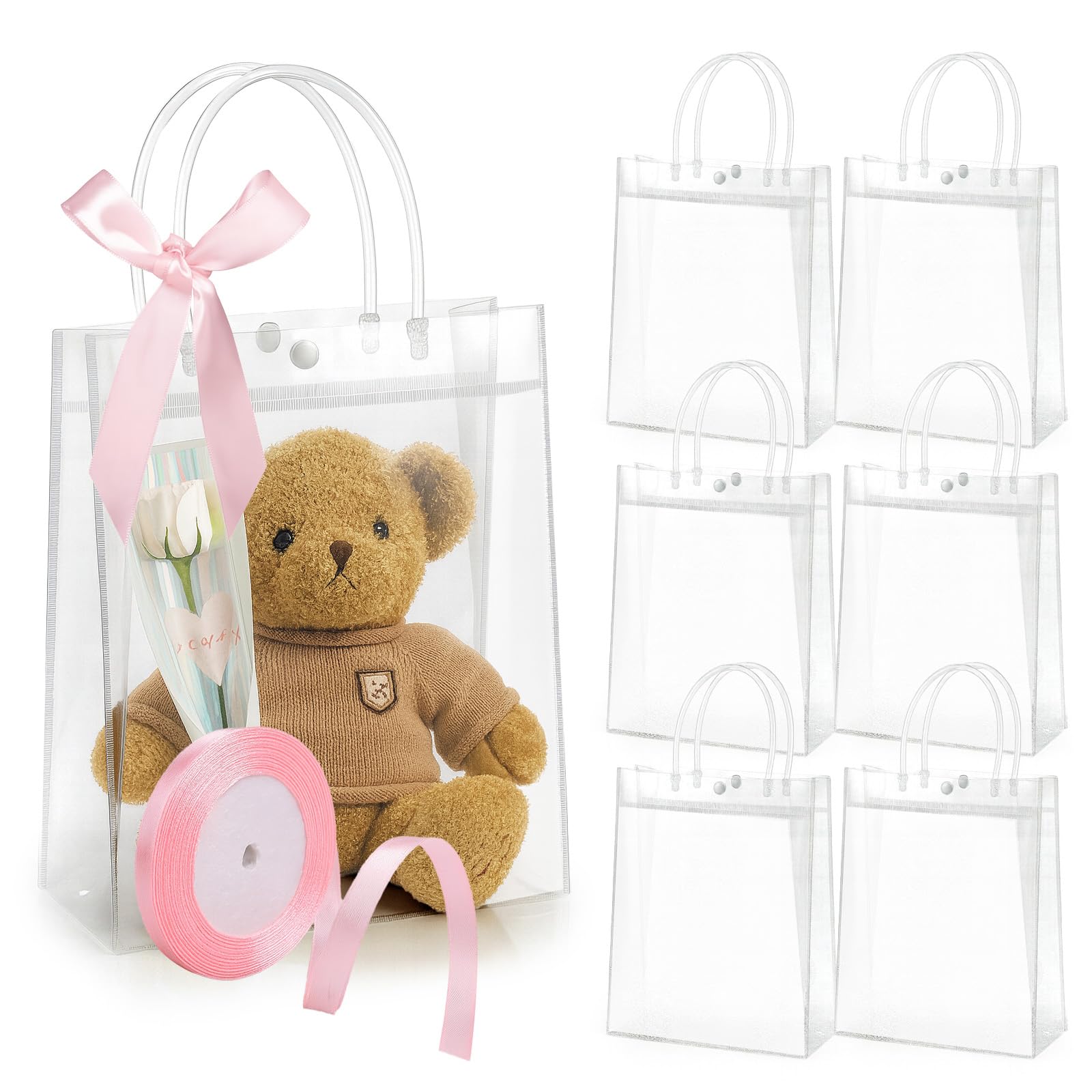 6 Sacchetti Regalo Trasparenti In PVC Con Maniglie – 25x20x7 Cm – Riutilizzabili Per Bomboniere, Compleanni E Shopping