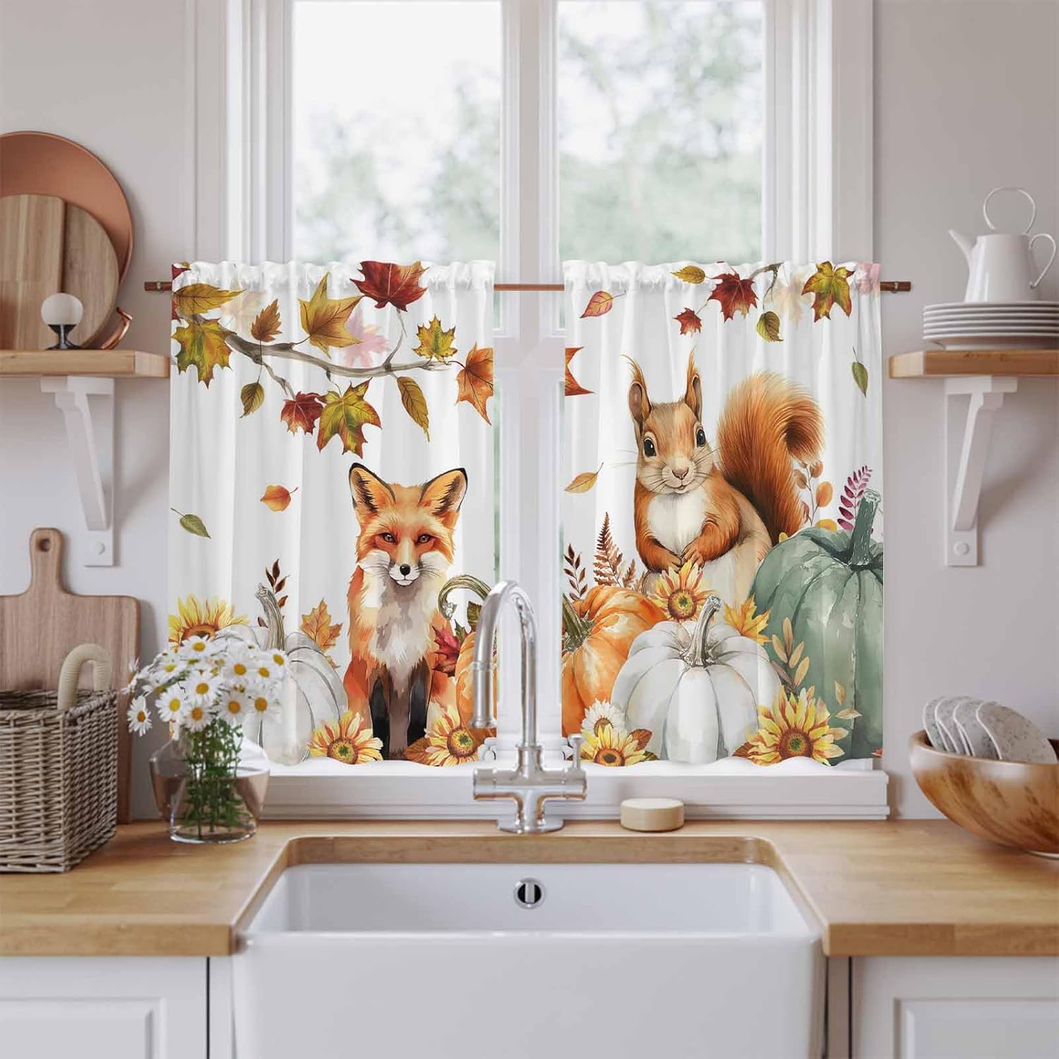 Fall Pumpkins Kitchen Tier Curtains 45 Inch Long 2 Panel Set,Rod Pocket Short Window Treatment,Thanksgiving Fox Squirrel Maple Leaf Sunflower Curtains & Drapes for Bathroom Basement 27.5"W x 45"L