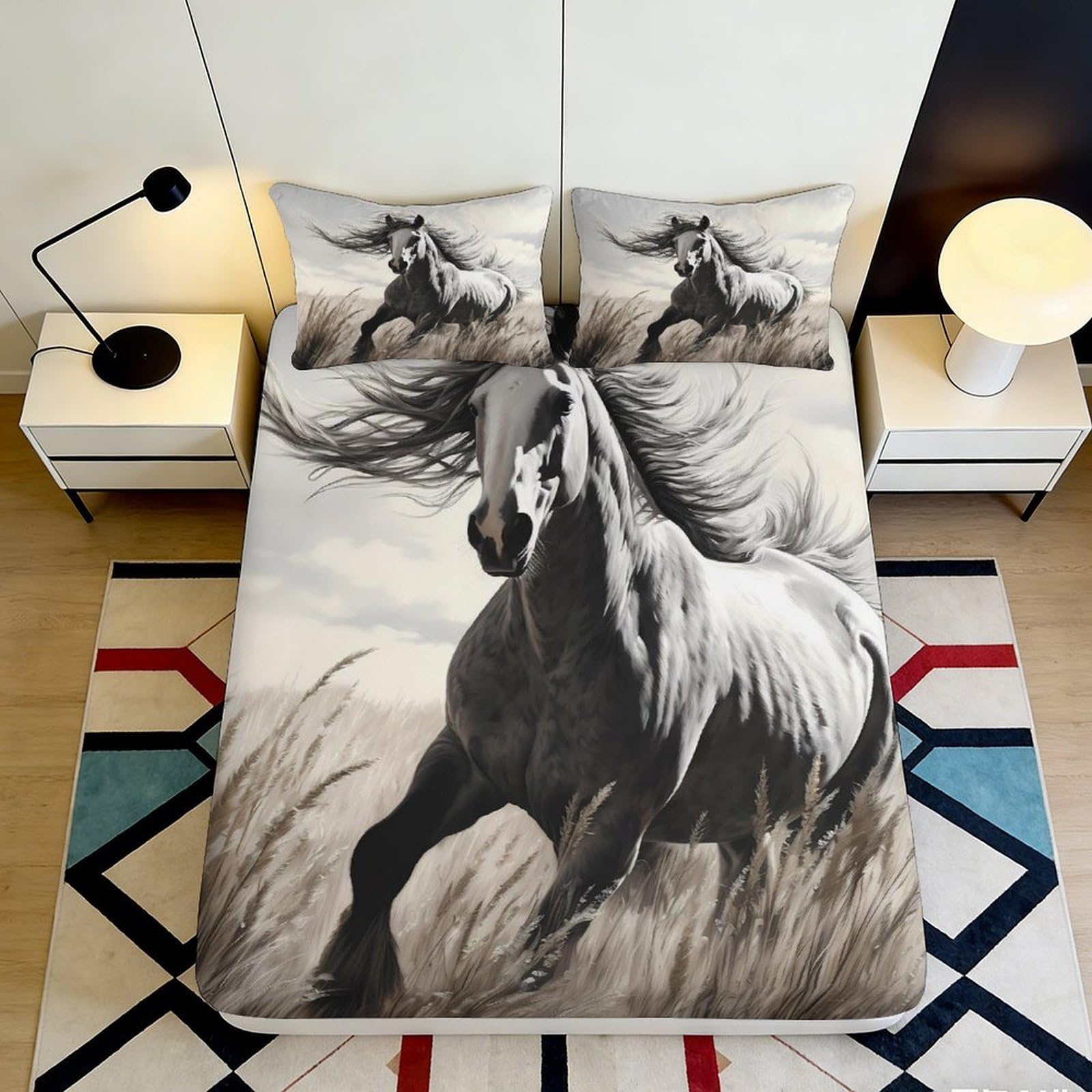 3D Printed Wild Horse Fitted Sheet Microfiber Soft Breathable Meadow Bed Cover for Bedroom Guest Room Decor 120x200x25cm