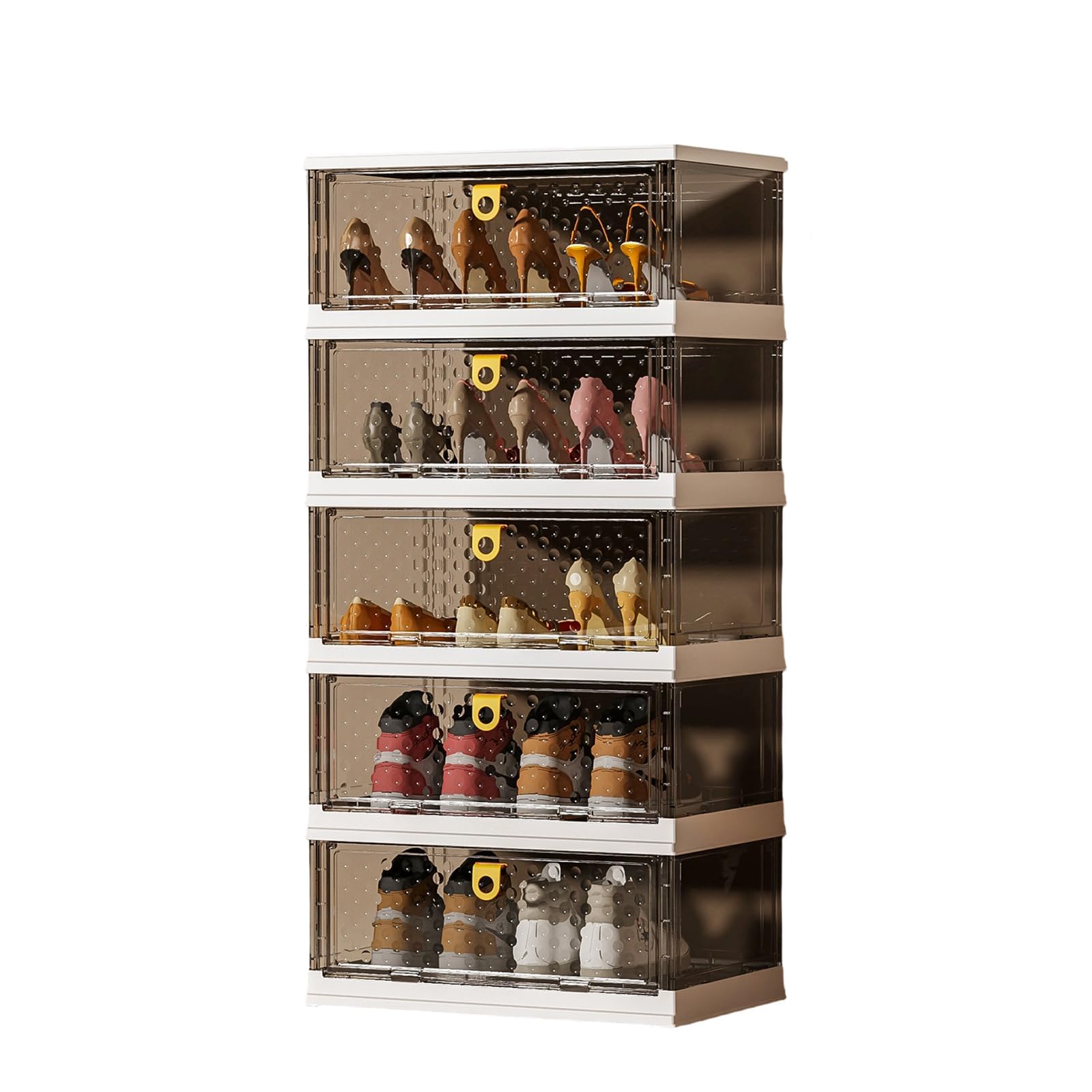 CuteHairy Shoe Storage Boxes 5 Pack Clear Plastic Stackable, Foldable Shoe Organiser Containers with Lids, Space Saving Sneaker Box for Closet Entryway Wardrobe