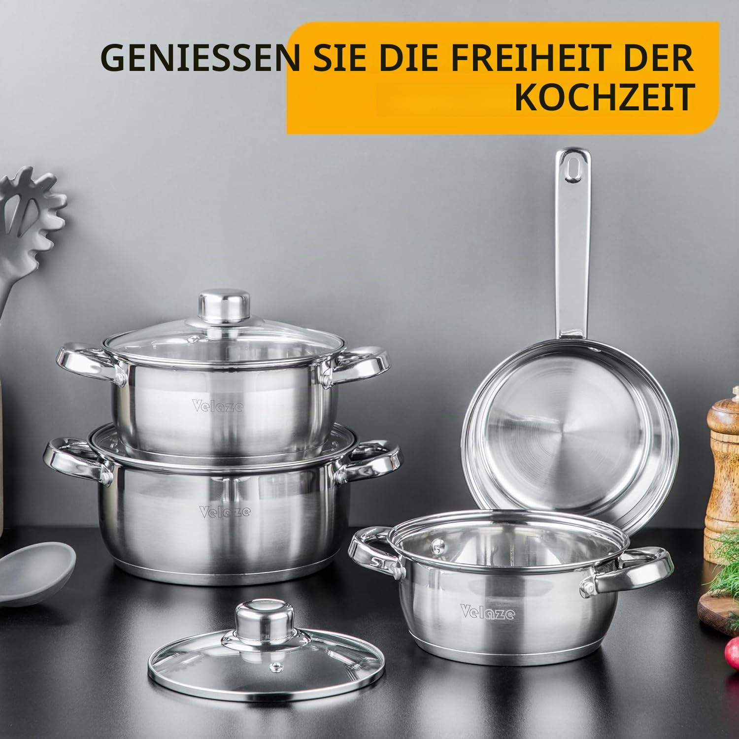 Velaze Töpfe Set, 7-teilig Kochtopf Set aus Edelstahl, Topf Induktion mit Glasdeckeln, PFOA frei, Klassisches Design, Topfset für alle Herdarten, Töpfe mit 3 Kochtöpfe und 1 Stielkasserolle