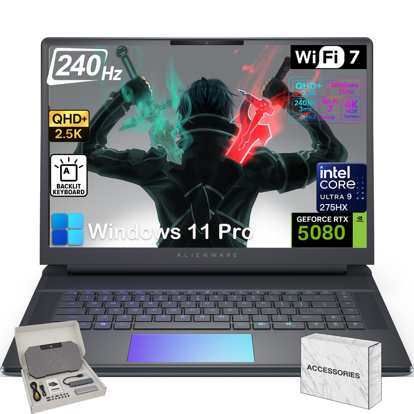 18 Area 51 Gaming Laptop - Intel 24-Core Ultra 9 275HX CPU, NVIDIA RTX 5080 16GB GDDR7, 18" WQXGA 300Hz Display, 32GB DDR5, 1TB SSD, Win 11 Pro, Backlit Keyboard, 4K Camera, w/Accessories