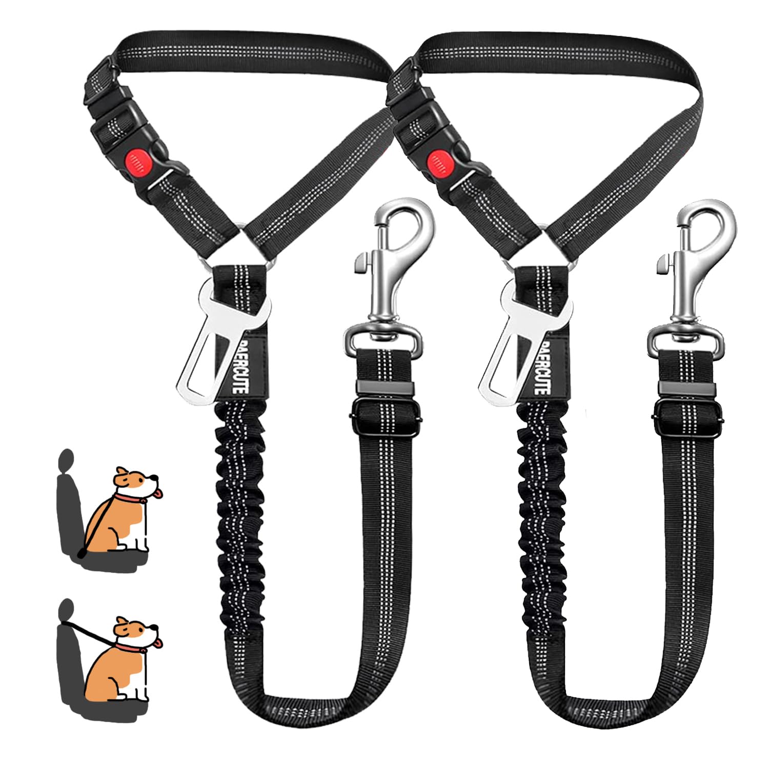 Lot de 2 ceintures de sécurité pour chien - Harnais de sécurité élastique réglable pour voiture - Laisse rembourrée élastique anti-chocs (noir)