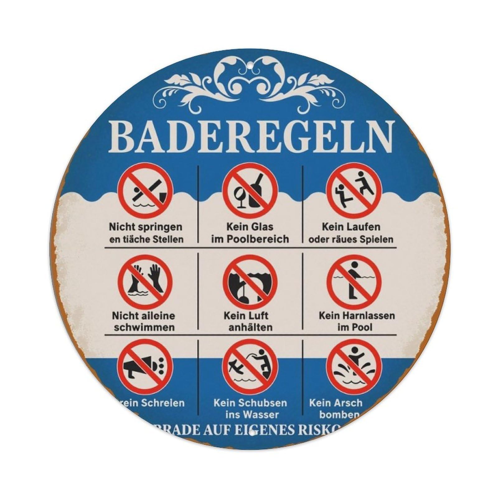 German Pool Rules Warning Vintage Round Sign Vintage Aluminium Metal Sign, Retro Wall Decor for Home, Bar, Garage & Farmhouse 20x20cm