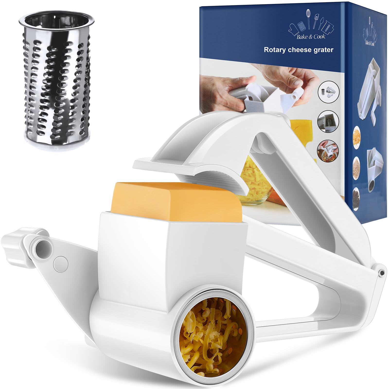 Boao Rotary Cheese Grater Manual Handheld Cheese Grater with Stainless Steel Drum for Grating Hard Chocolate Nuts Kitchen Tool(White,1 Drum)