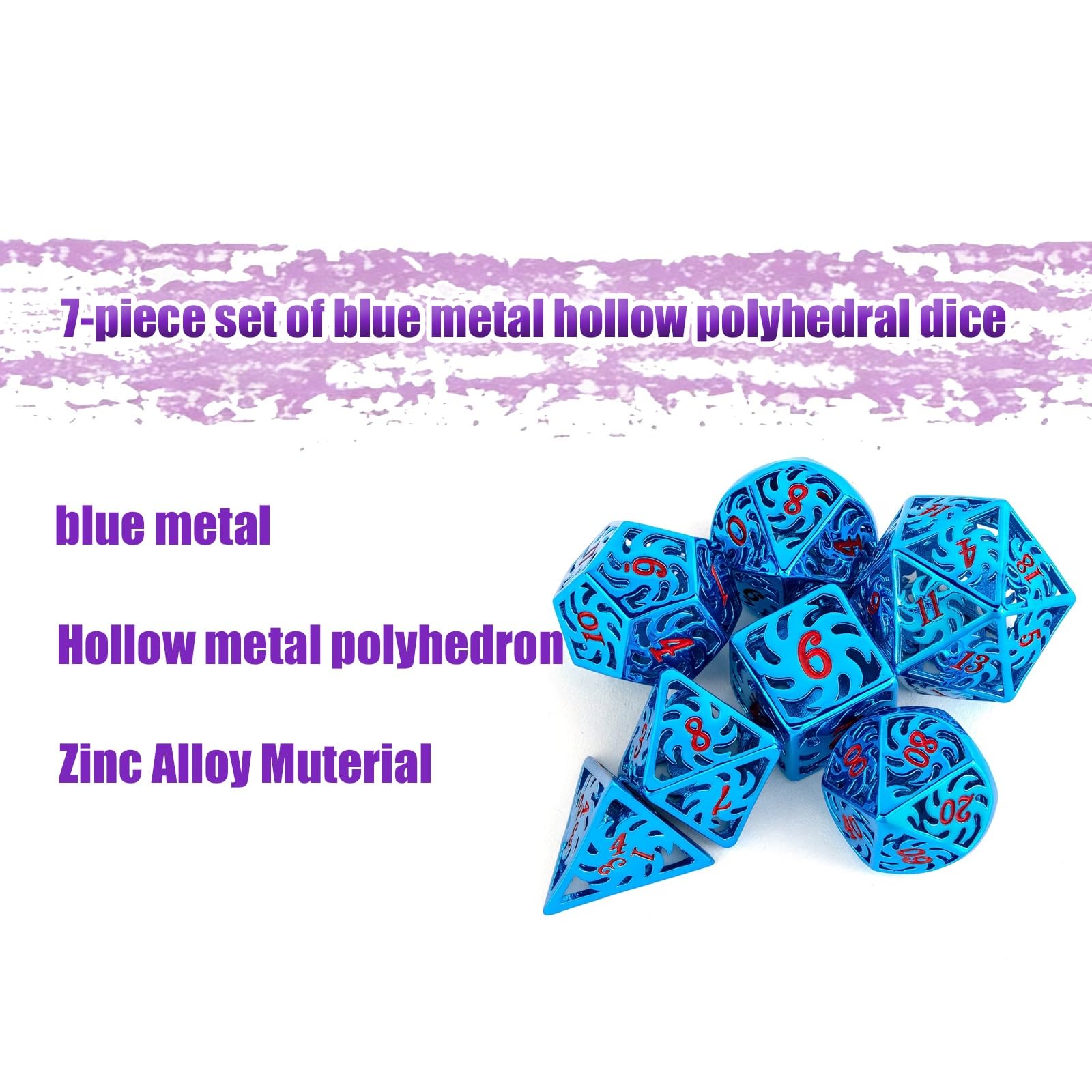 Ensemble de 7 Dés Polyédriques Creux en Métal Bleu, Compatibles avec Les Jeux de Rôle, Les Jeux de Société et Les Jeux de Cartes