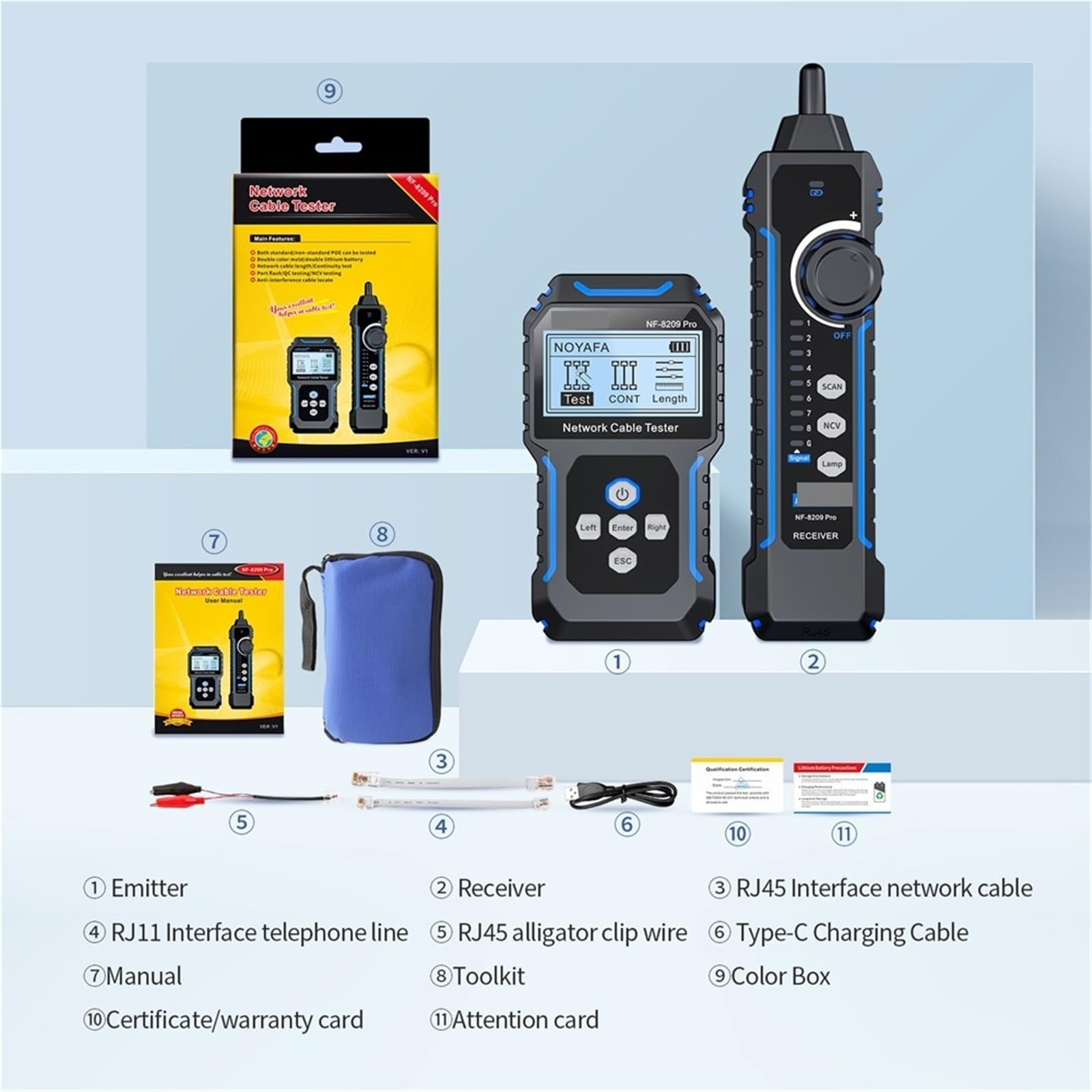 Tester per cavi di rete, Tester for cavi di rete professionale NF-8209 con POE NCV, localizzatore multifunzione