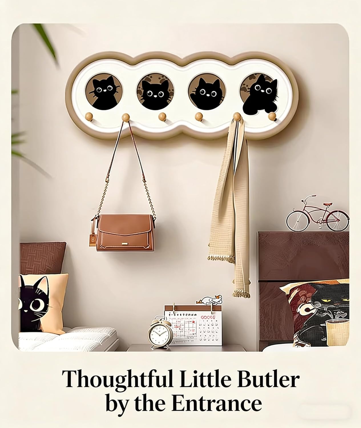 Creative Solid Wood Hook Board Wall Shelf, Artistic Wall-Mounted Organizer with Floral & Cat Cutouts for Entryway, Living Room, Balcony, Office (Yellow2, 100In)