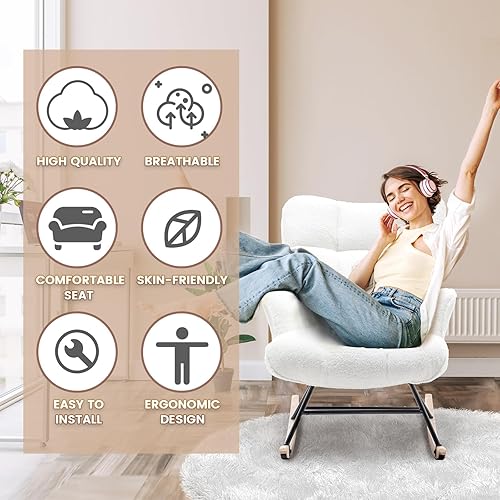 Miniatura 4 de Silla Mecedora para Cuarto de Bebé Teddy Tapizada Mecedora Deslizante Silla de Acento Mecedora Asiento Acolchado con Respaldo Alto Sillón Silla