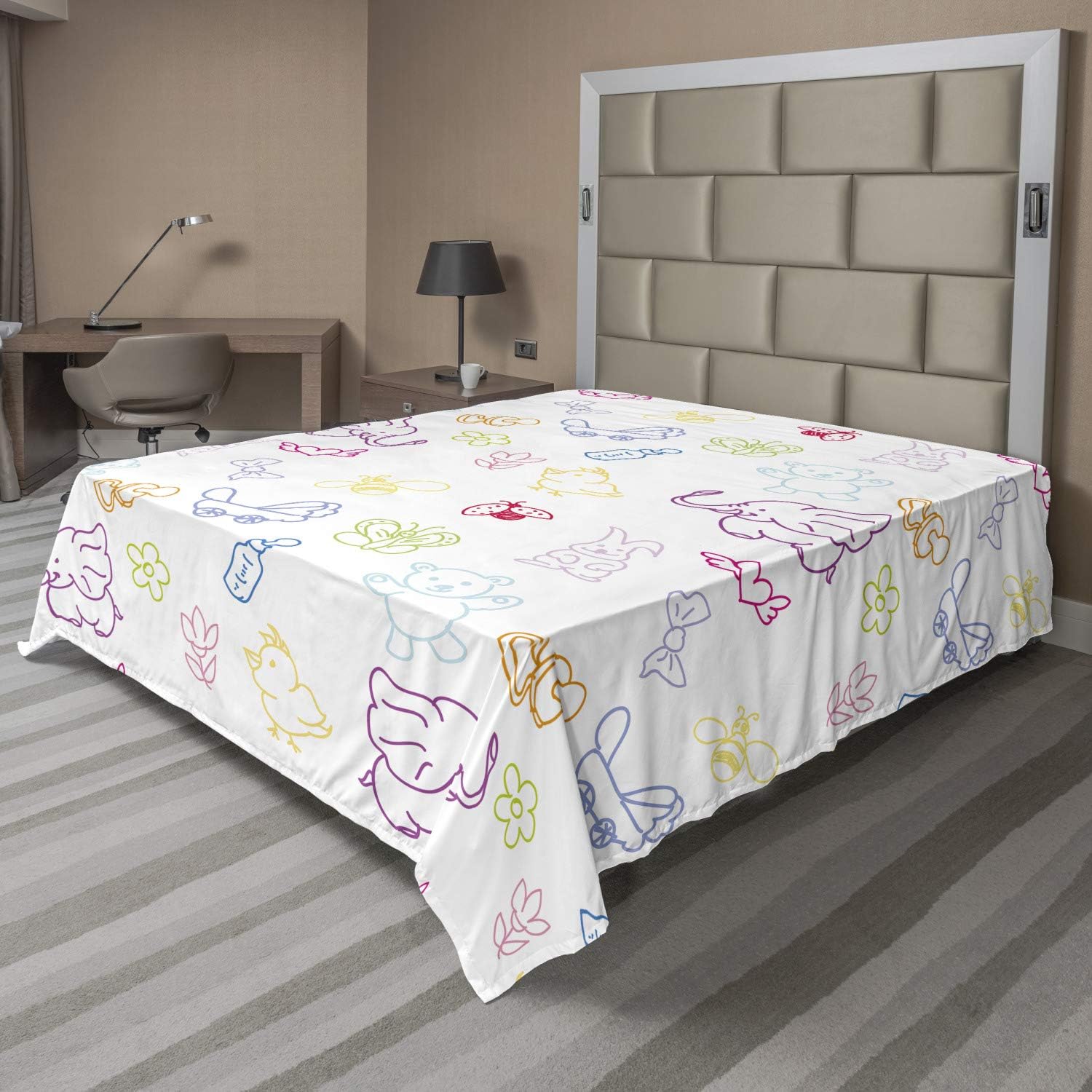 Ambesonne Cartoon Flat Sheet, Drawing Style Elephants Teddy Bears Flowers Butterflies Bees Pattern, Soft Comfortable Top Sheet Decorative Bedding 1 Piece, Full Size, Multicolor