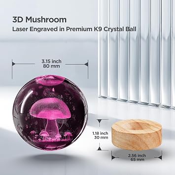 3D Crystal Ball Night Light with Remote - Upgraded 3.15 in Mushroom Glass Ball Lamp with 16 Color Wooden LED Base Cute Room Table Lamp Decor Gifts for Kids, Teens, Women