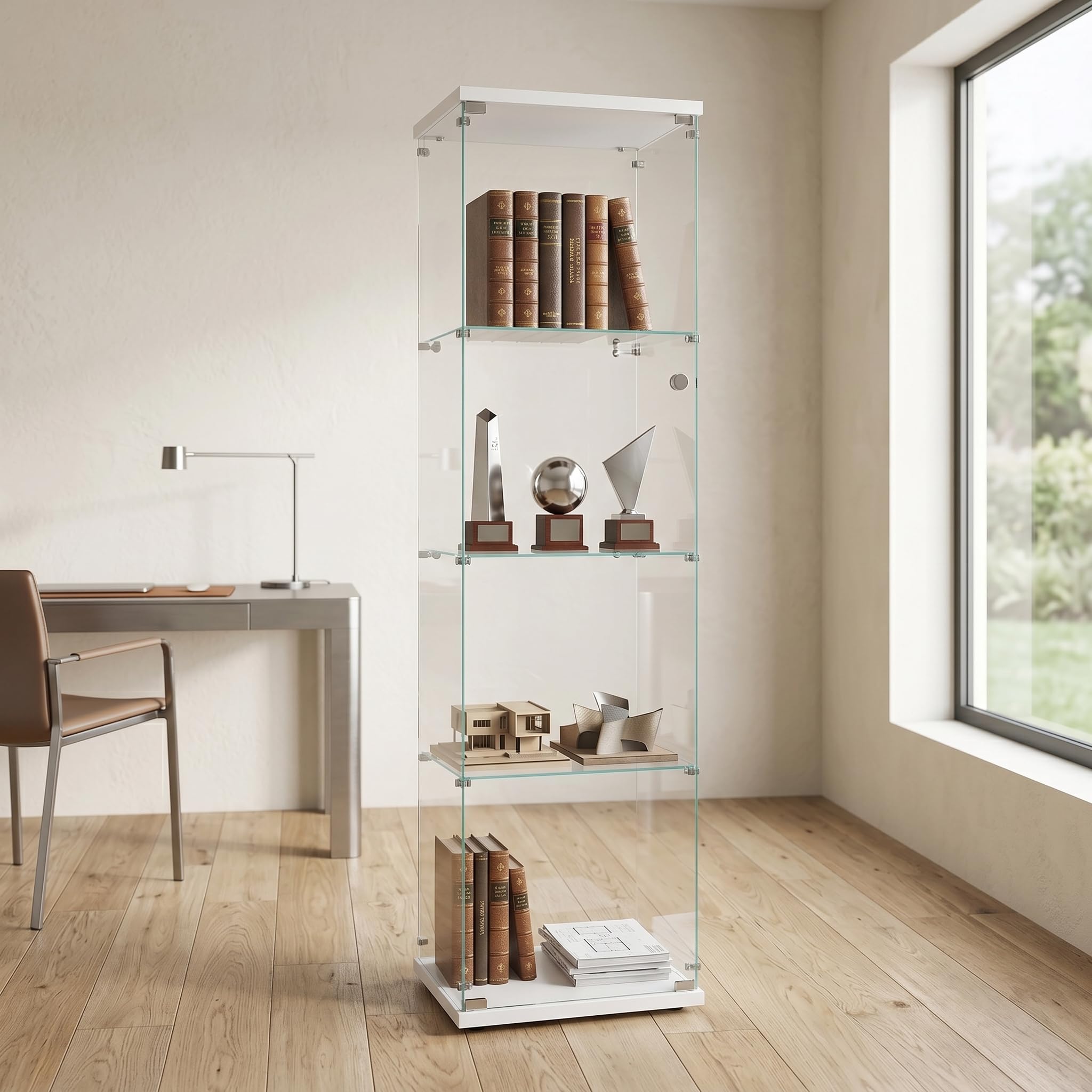 Vetrina in vetro per soggiorno, 164 x 42,5 x 36,5 cm, vetrina in vetro con serratura e porta, 4 ripiani, trasparente, grande, vetrina da collezione per soggiorno (4 strati